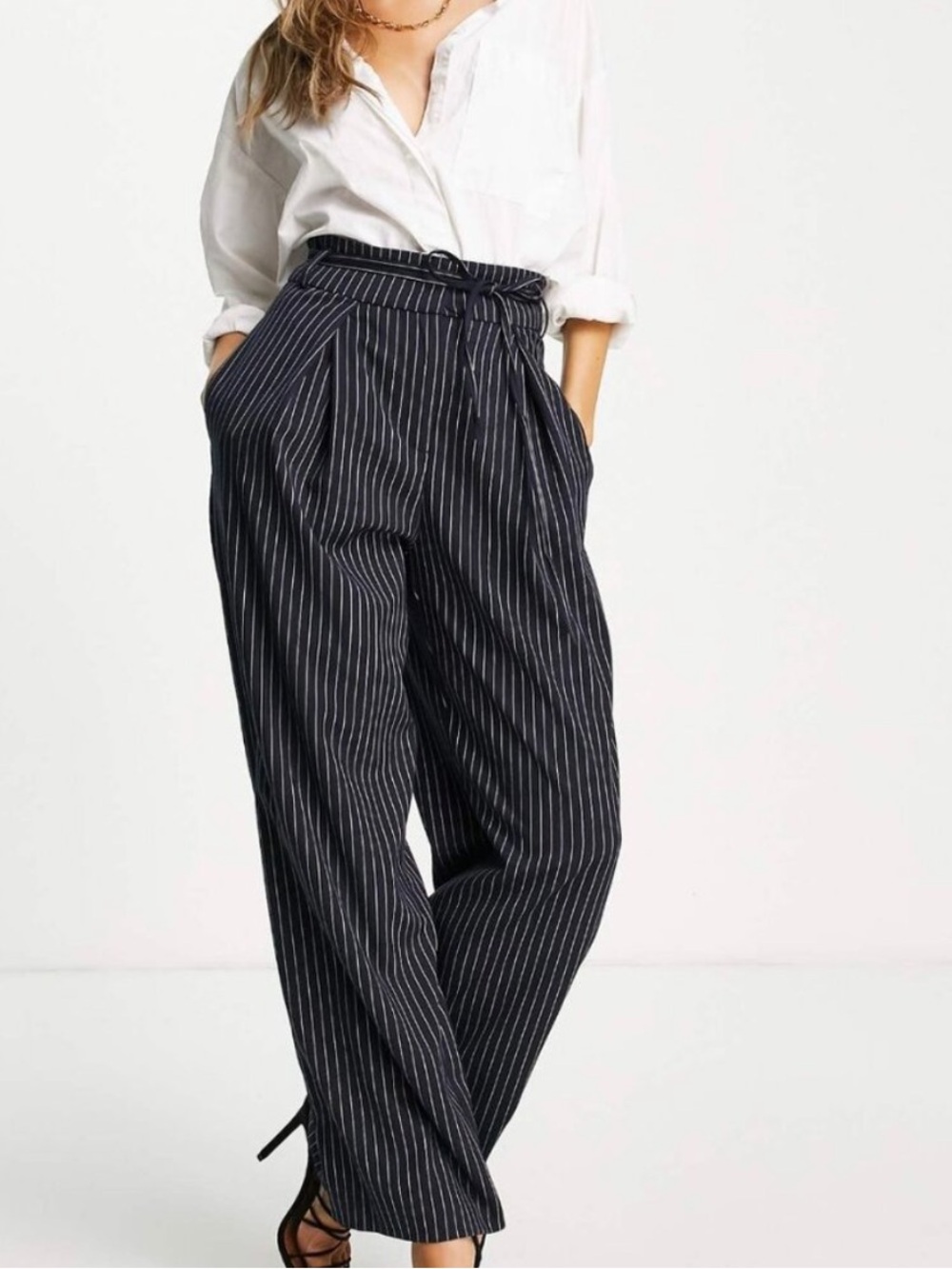 River Island Navy Pinstripe Wide Leg Pleated Tie Waist Trousers Pants US 6
